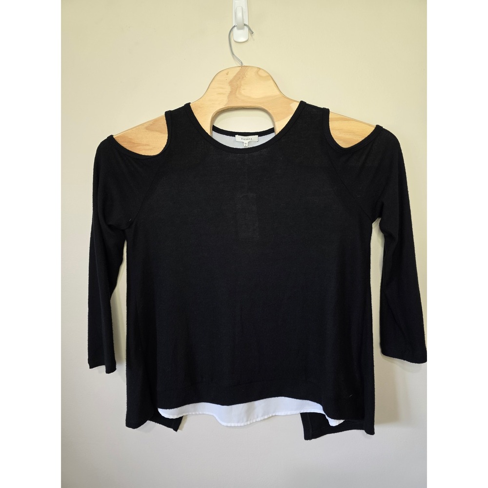Pleione Top Women Large Black Cold Shoulder Layered Split Back Soft Chic